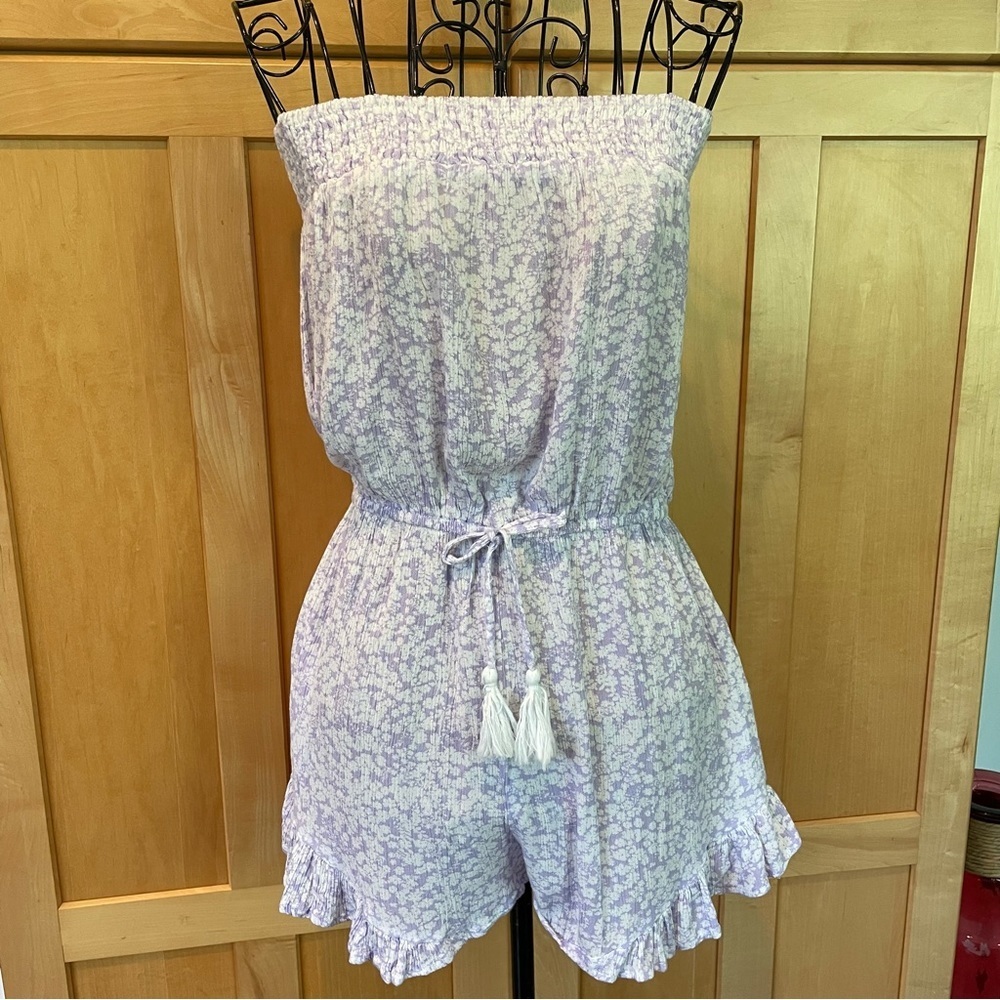Kiwi & Punch lavender and white floral print strapless Romper with pockets